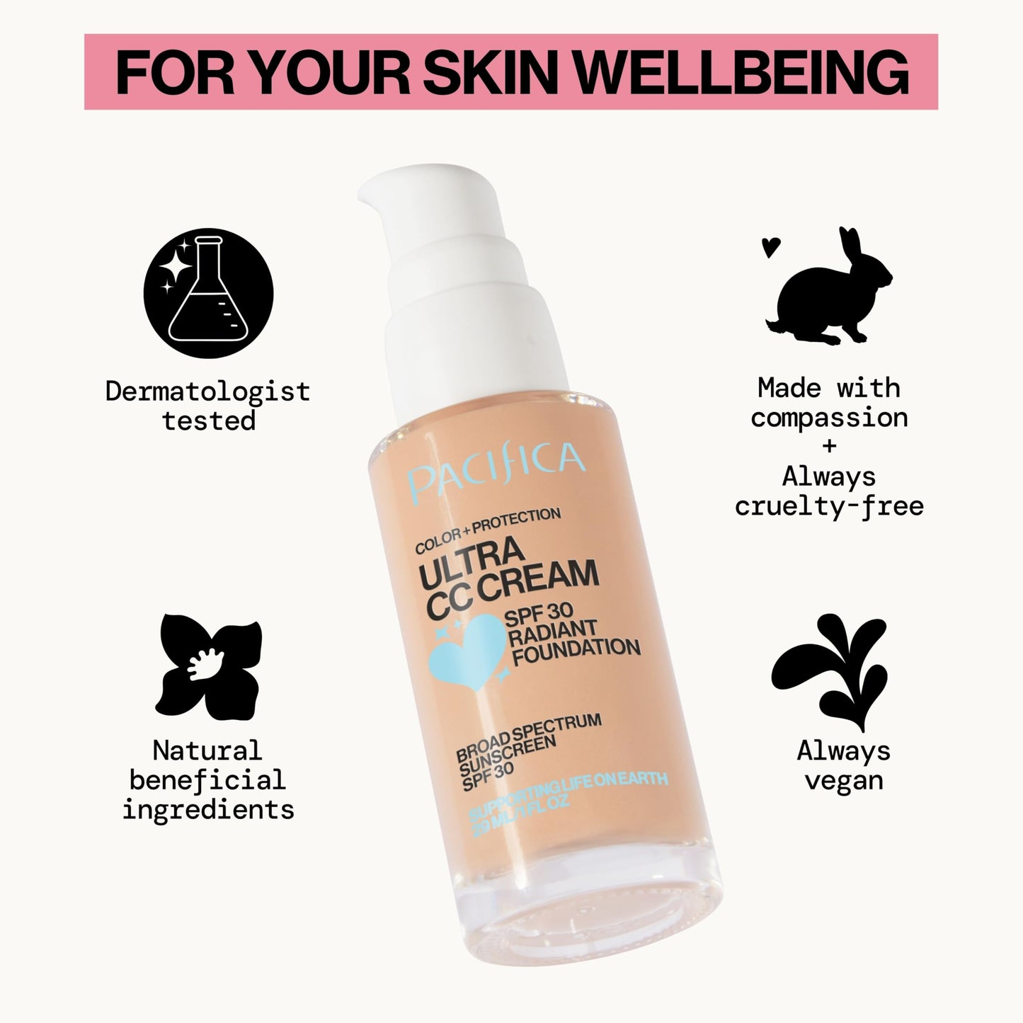 Pacifica Ultra CC Cream Radiant Foundation SPF 17 - Warm-Light – Medium Coverage Color Correcting Cream, Dewy Finish, Mineral SPF, 1 oz