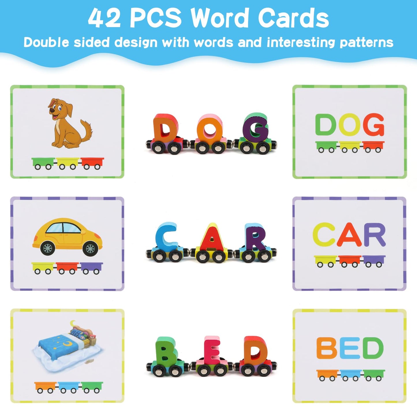 Wondertoys Wooden Alphabet Train Toy 27PCS Magnetic ABC Letters with 42 Flash Cards, Engine & Storage Box for Toddlers & Kids