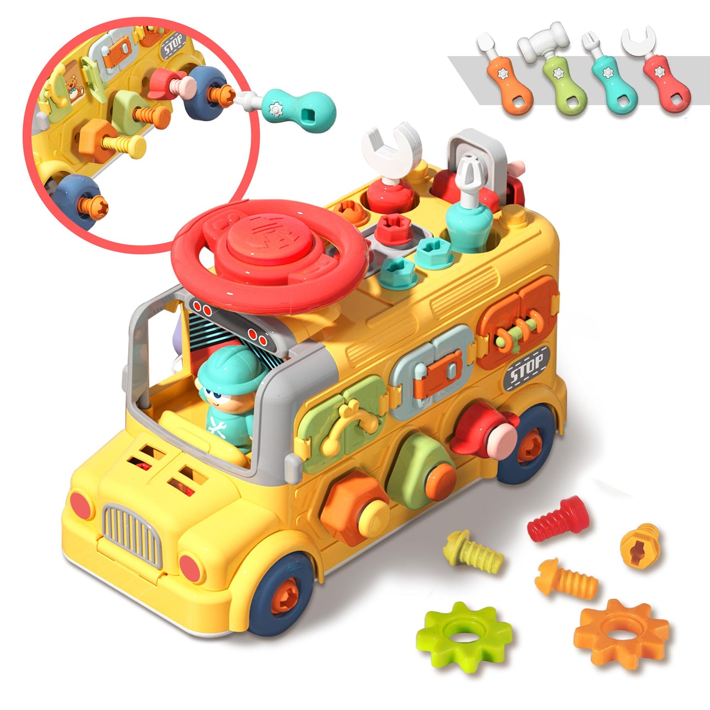 iPlay, iLearn Toddler Busy Bus Toy – Take Apart School Bus with Tools, Steering Wheel & Gears, STEM Montessori Push-Go Toy for Ages 3-5
