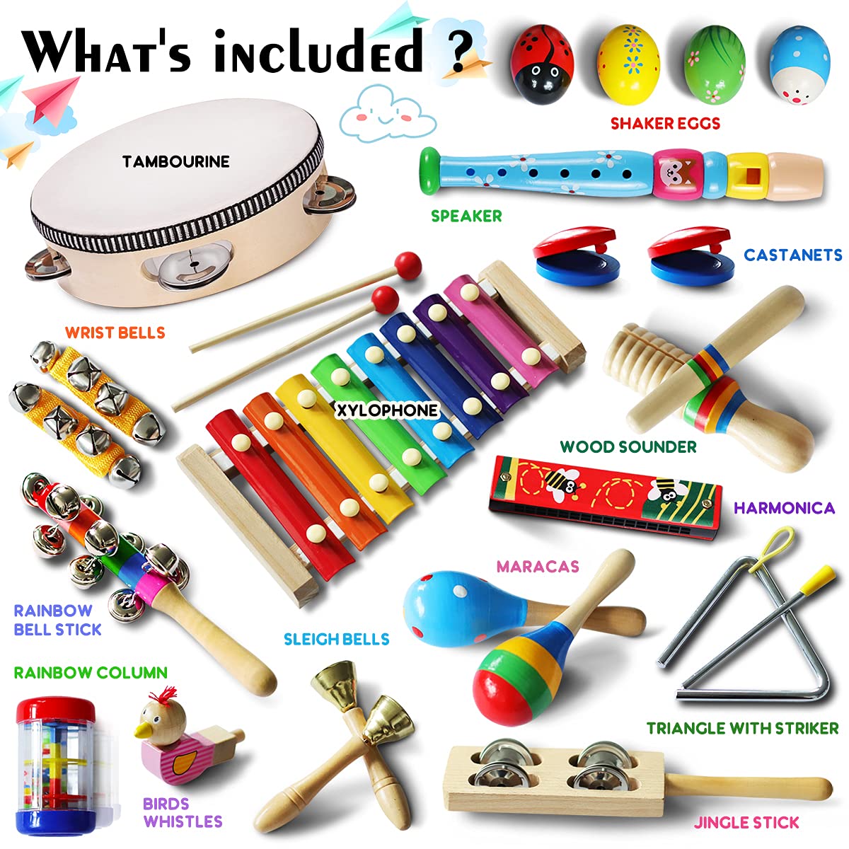 LOOIKOOS Wooden Toddler Musical Instruments Set – Preschool Educational Percussion Toys for Kids, Boys & Girls with Storage Bag