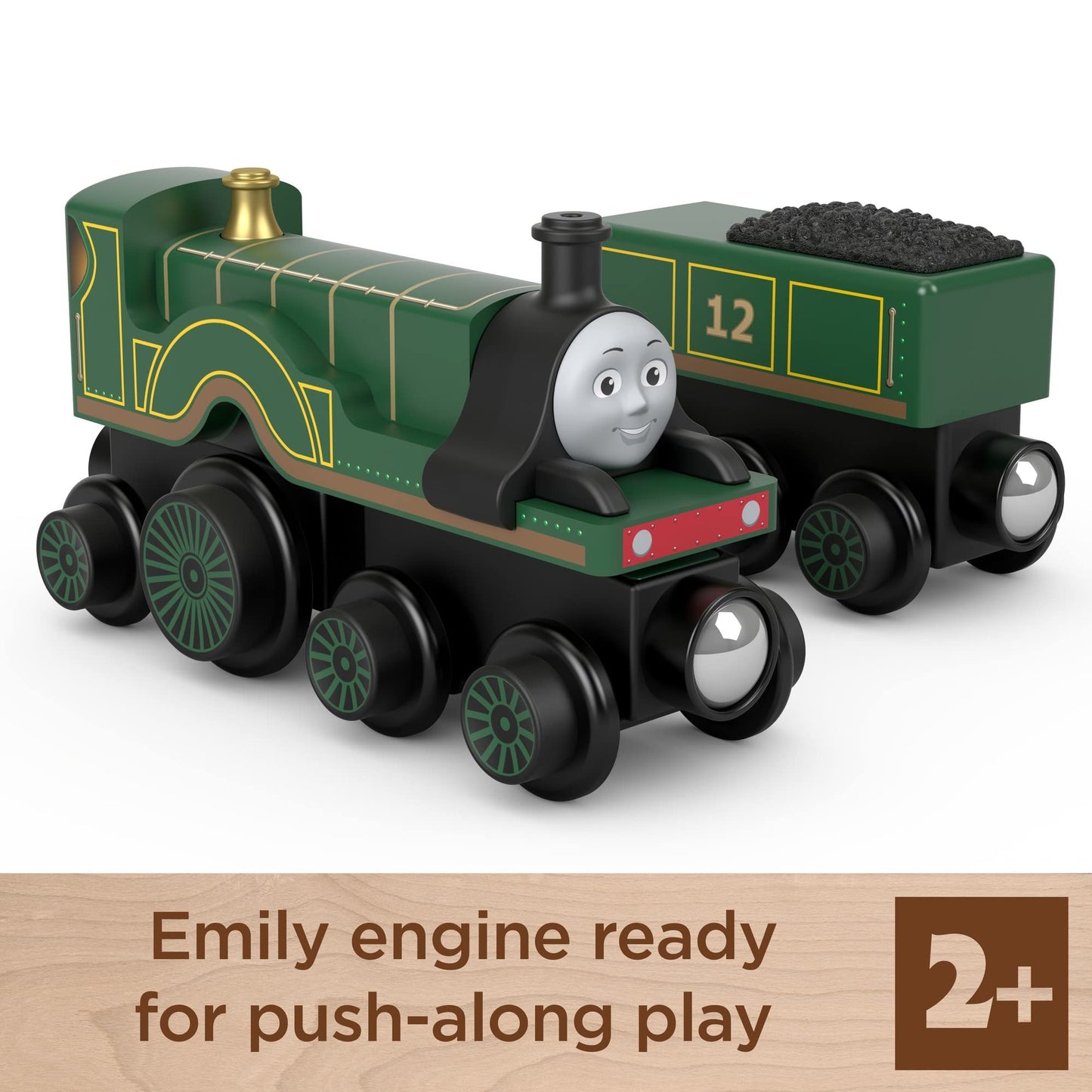 Thomas & Friends Wooden Railway, Emily Engine and Coal Car, push-along train made from sustainably sourced wood for kids 2 years and up