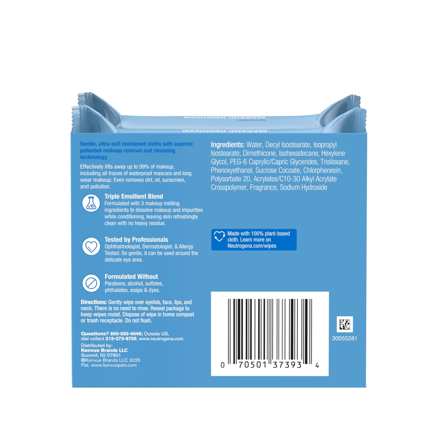 Neutrogena Micellar Makeup Remover Wipes, Alcohol-Free Face Towelettes for Waterproof Makeup & Oil, 100% Plant-Based Cloth, 2 Pack (25 Ct Each)