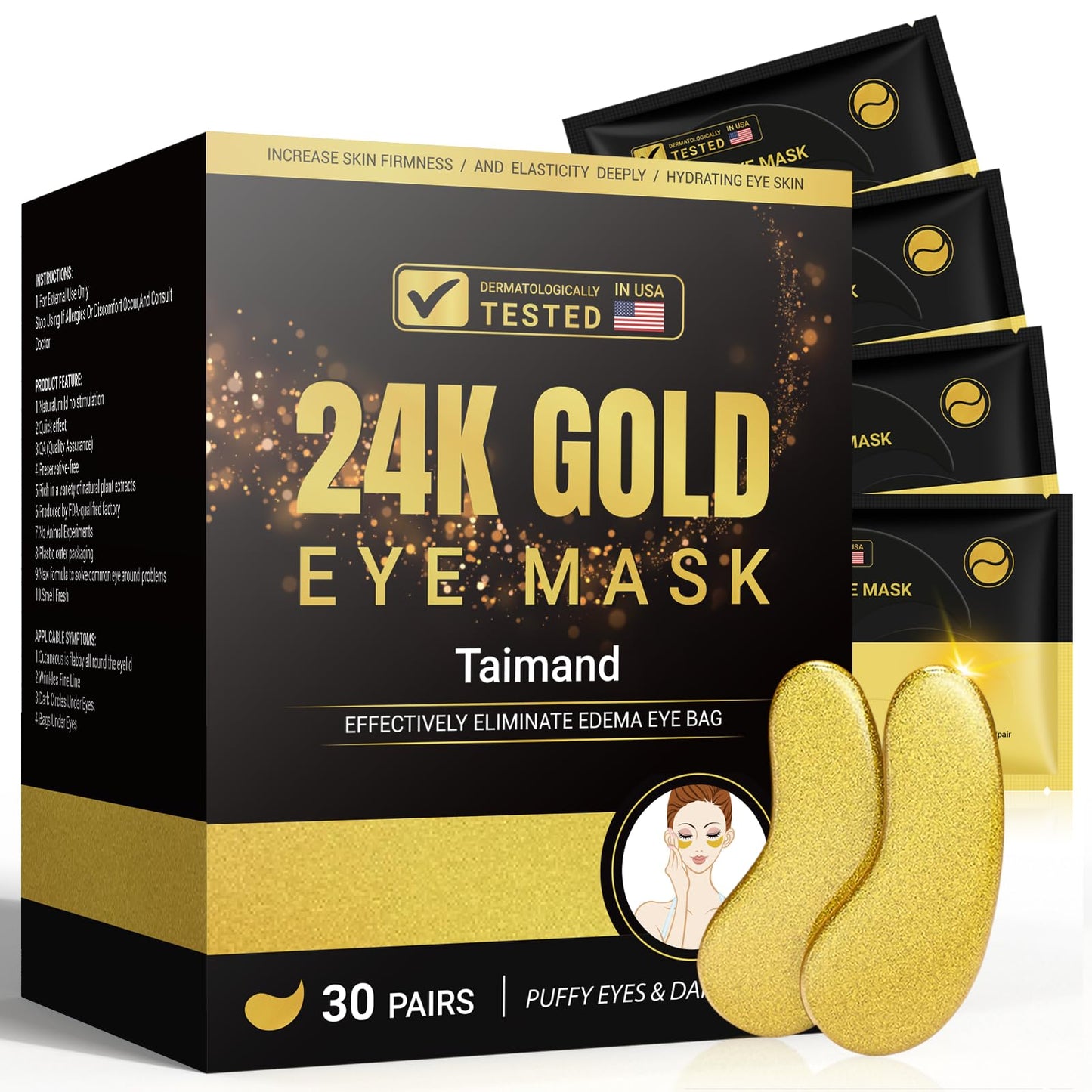 Taimand 24K Gold Under Eye Patches (30 Pairs) – Collagen Eye Mask for Puffy Eyes, Dark Circles, Bags & Wrinkles, Refreshes & Revitalizes Skin