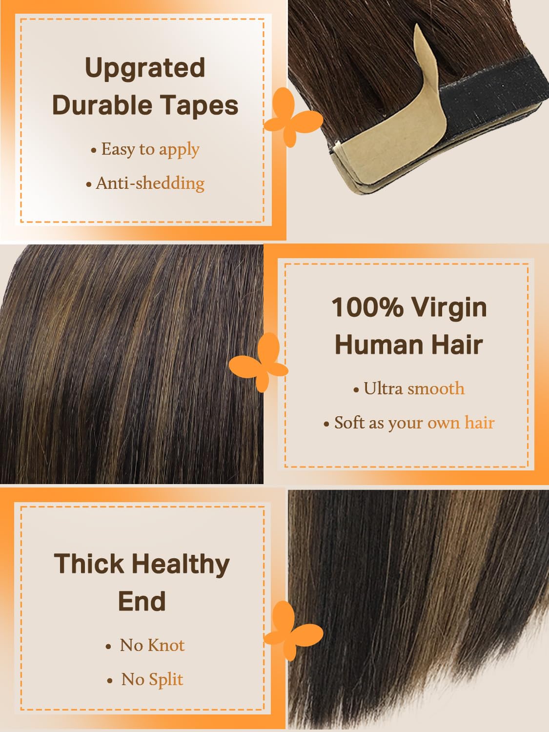 DOORES Tape in Human Hair Extensions - Balayage Dark Brown to Chestnut Brown, 18 Inch, 50g 20pcs, Remy Straight Hair Skin Weft Natural Look