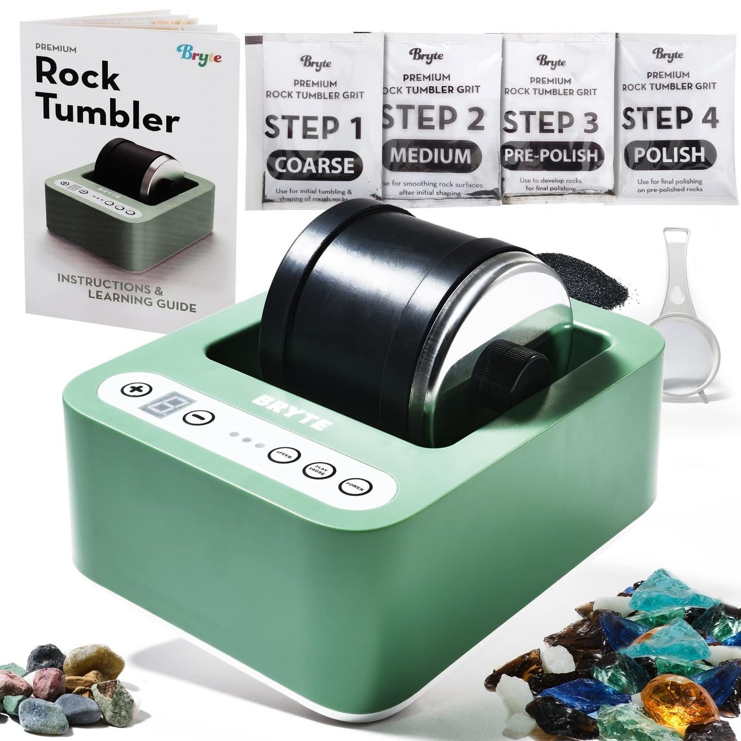 BRYTE Rock Tumbler & Polisher, Medium Mint Green, 3-Speed, 9-Day Timer, Quiet Motor – Sea Glass & Indoor Tumbling Kit, Ages 8+
