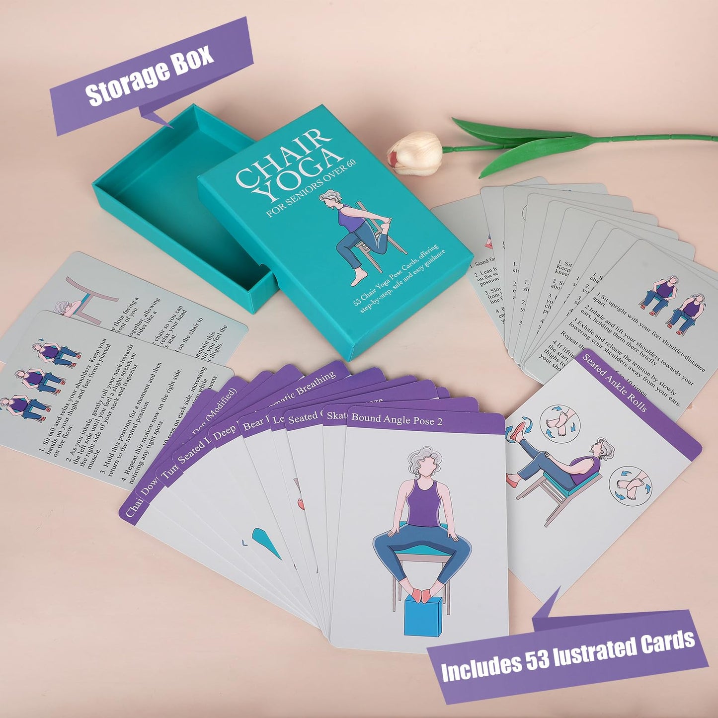 Oversized Chair Yoga Cards for Seniors – 53 Step-by-Step Poses, Large Print Exercise Cards for Elderly, Ideal Get Well Gift for Grandma & Grandpa
