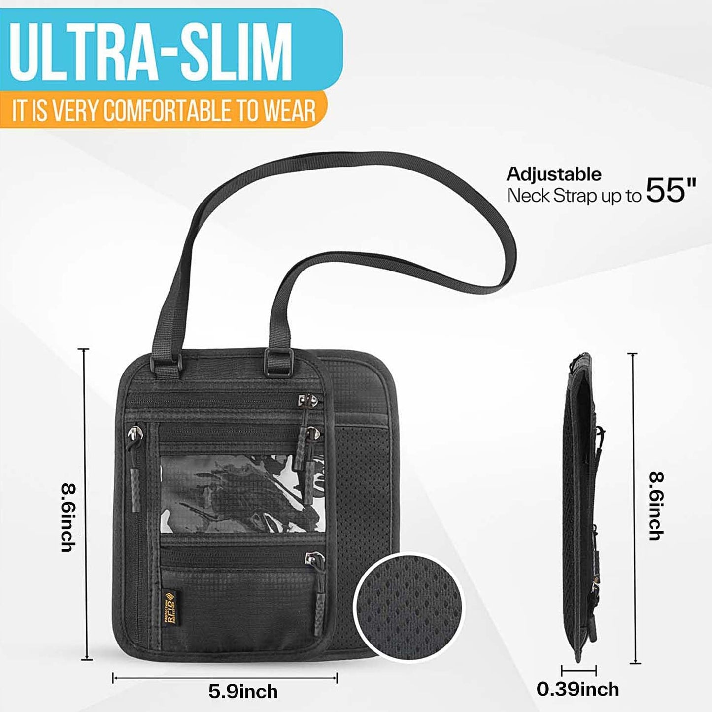 Slim RFID Blocking Passport Holder – Travel Wallet & Document Organizer with Adjustable Strap, Anti-Theft Neck Money Pouch for Men & Women