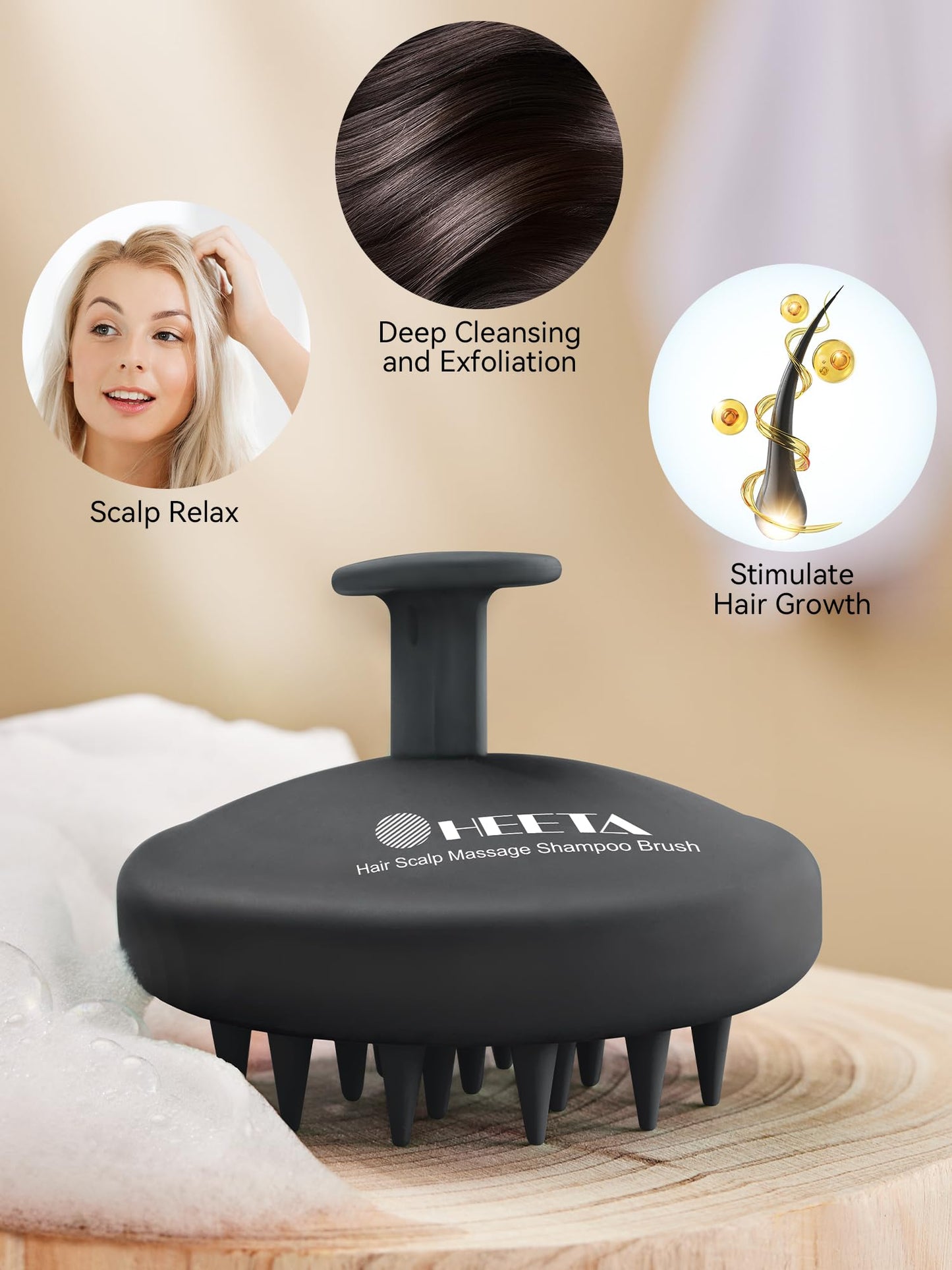 HEETA Scalp Massager Shampoo Brush – Soft Silicone Scalp Scrubber for Hair Growth, Dandruff Removal & Relaxation, Wet & Dry Hair Use, Black