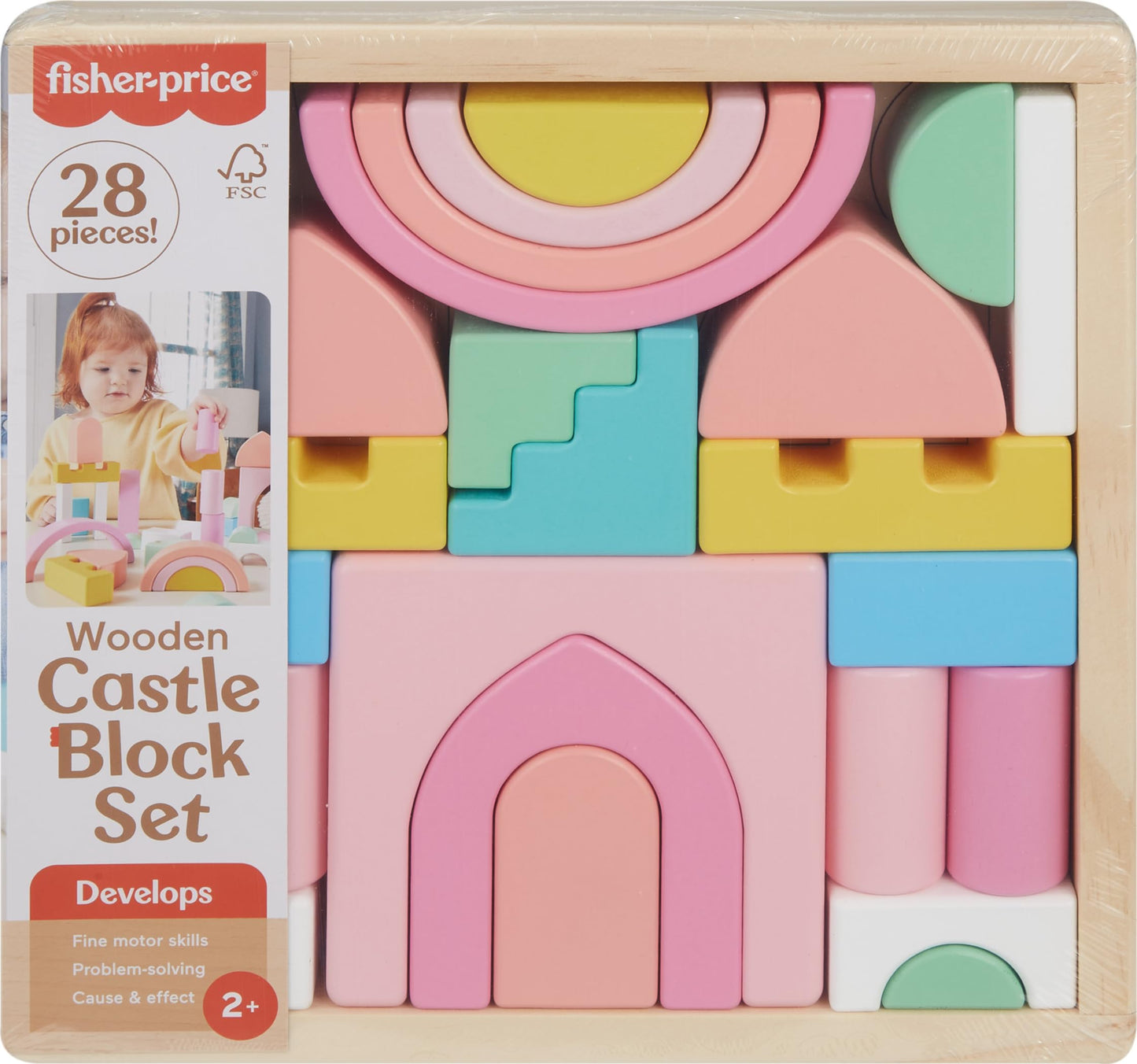 Fisher-Price Wood Toddler Toy Castle Block Set, 28 Wooden Pieces for Stacking Developmental Play Preschool Kids Ages 2+ Years