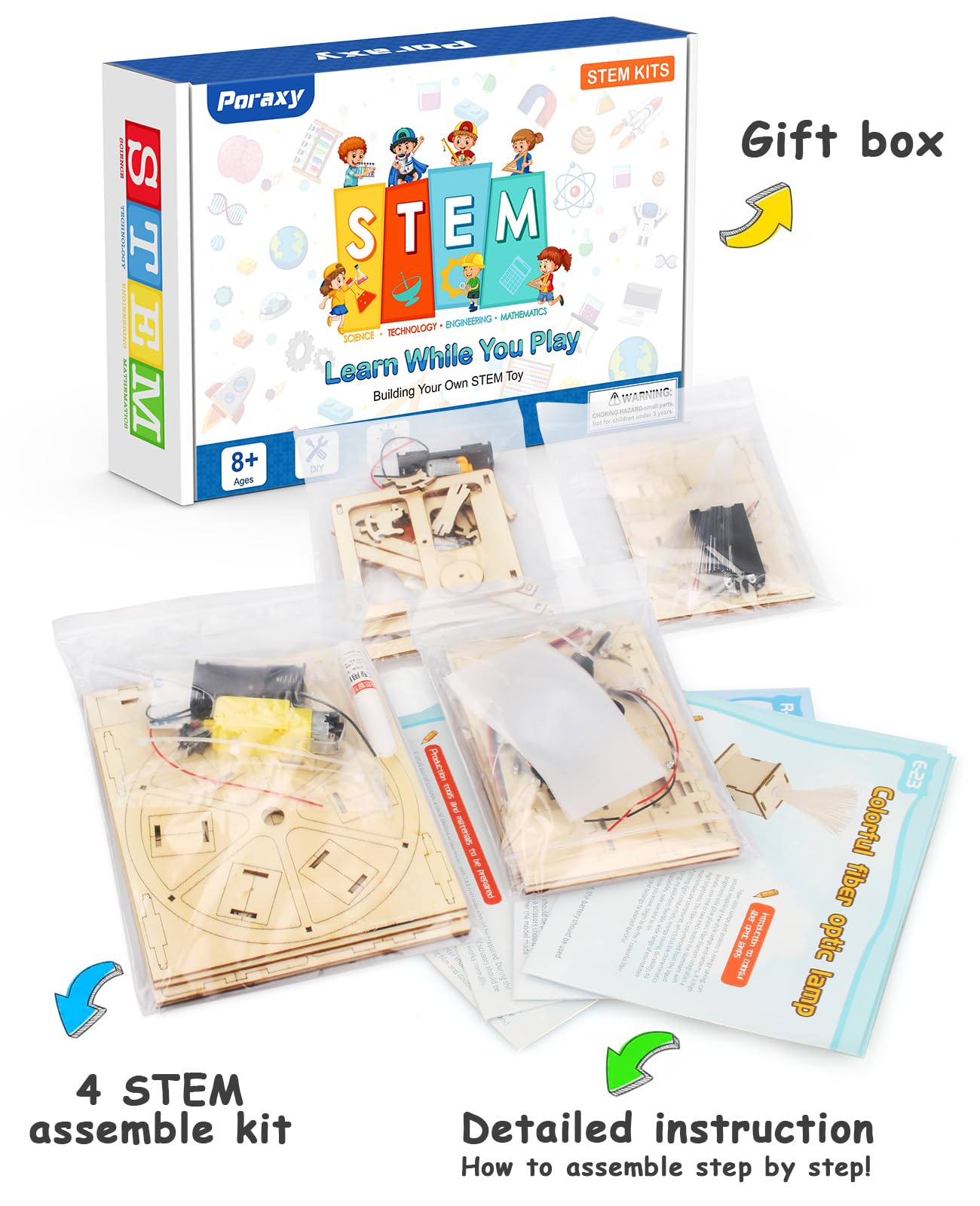 Poraxy 4-in-1 STEM Kit – Science Projects, 3D Puzzles & Educational Craft Building Toys for Kids Ages 6-13, Birthday & Christmas Gift