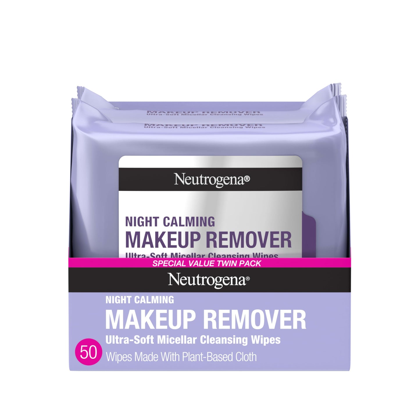 Neutrogena Night Calming Makeup Remover Wipes - Hypoallergenic, 100% Plant-Based Cloth, Removes Makeup, Sweat & Dirt, 50 Count (2x25)