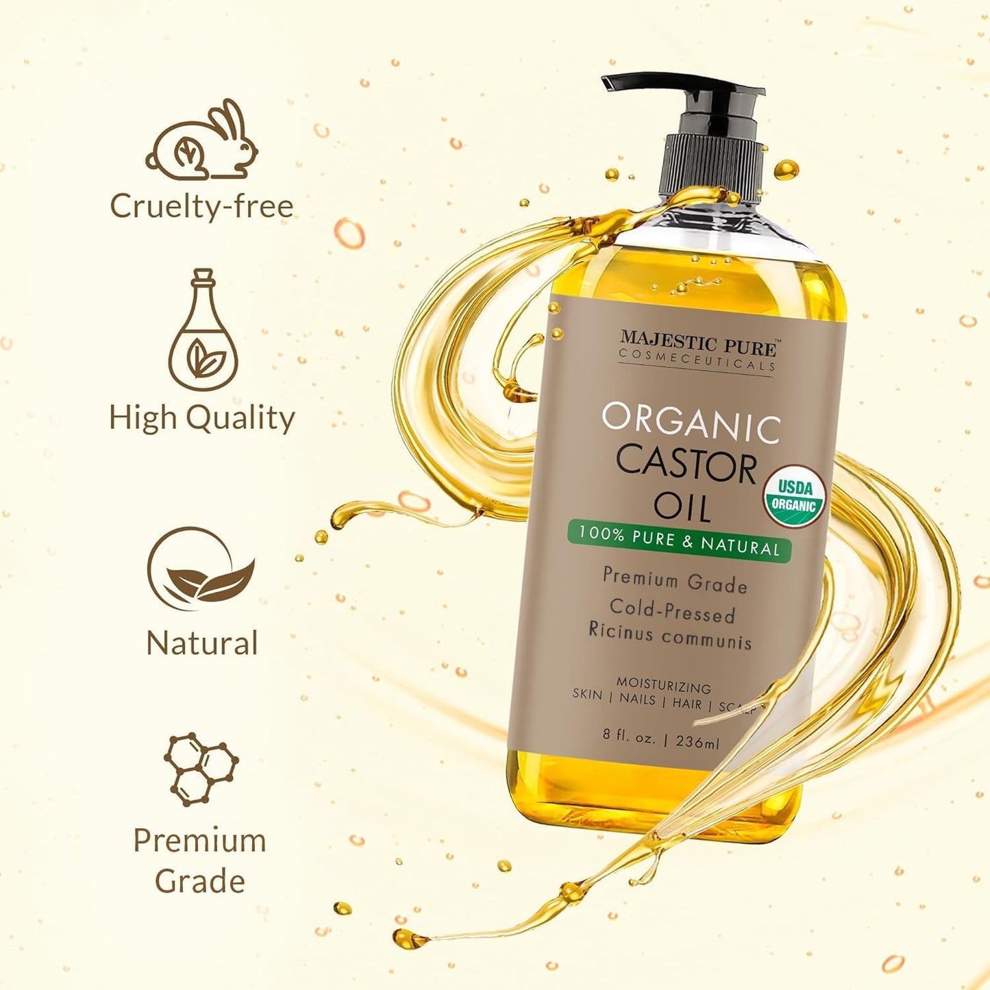 Majestic Pure Organic Castor Oil – 100% Pure, Cold Pressed & Hexane Free – USDA Certified, Moisturizes Hair, Lashes, Brows & Nails, 8 Fl Oz