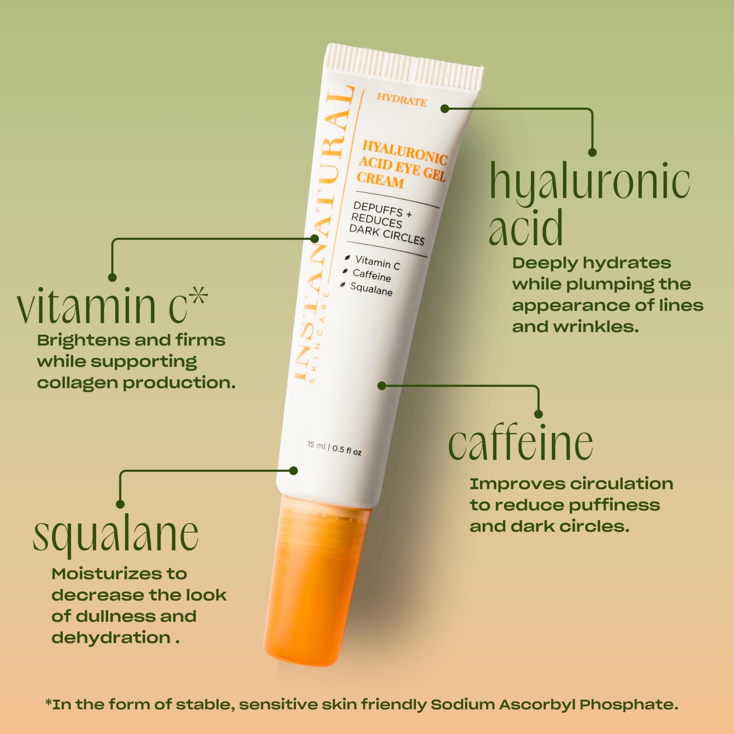 InstaNatural Hyaluronic Acid Eye Gel Cream - Hydrates, Reduces Puffiness, Dark Circles & Wrinkles with Vitamin C, Caffeine & Peptides, 0.5oz