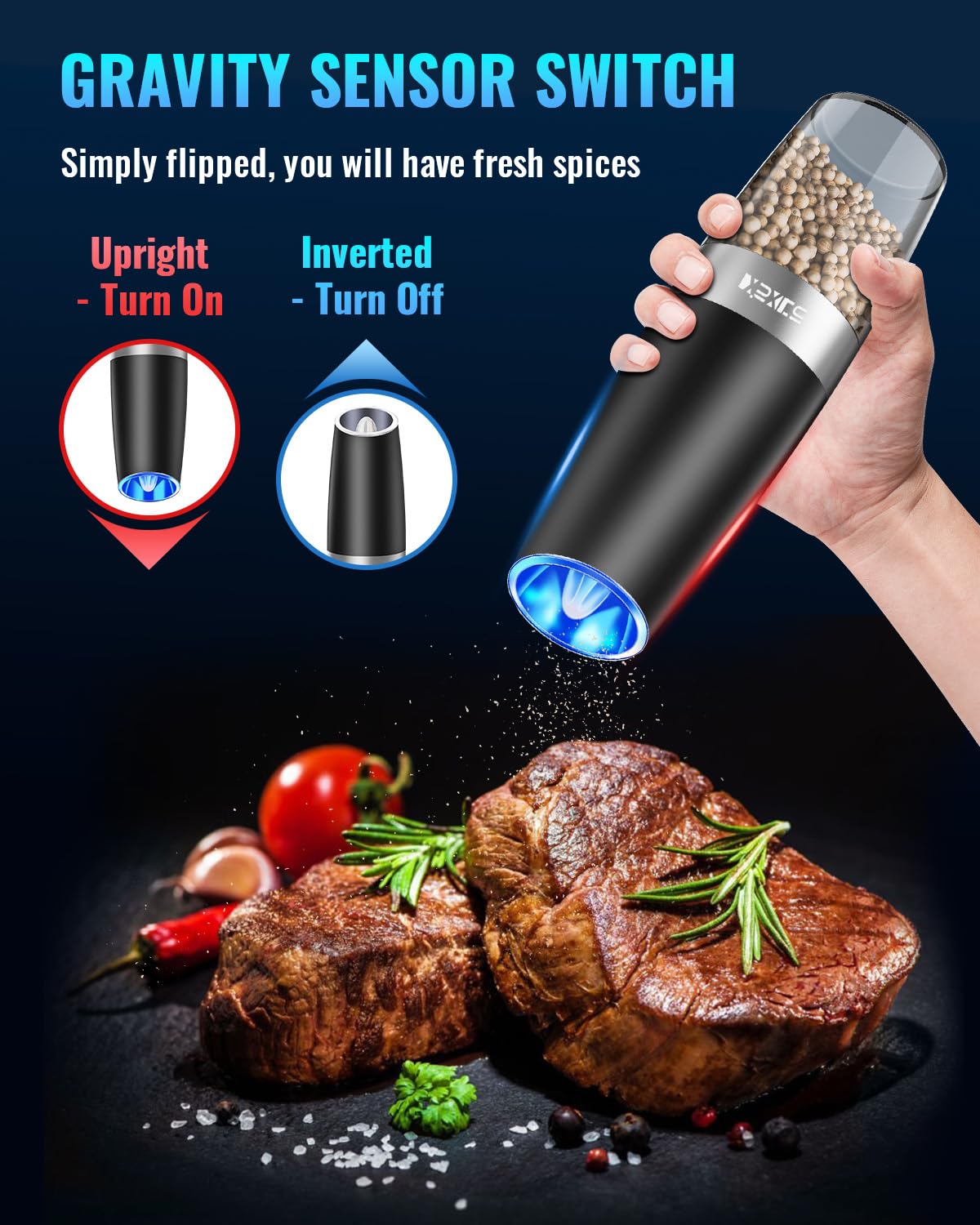 Sweet Alice Electric Salt & Pepper Grinder Set – 2-Pack, Adjustable Coarseness, LED Light, One-Hand Operation, Stainless Steel Black