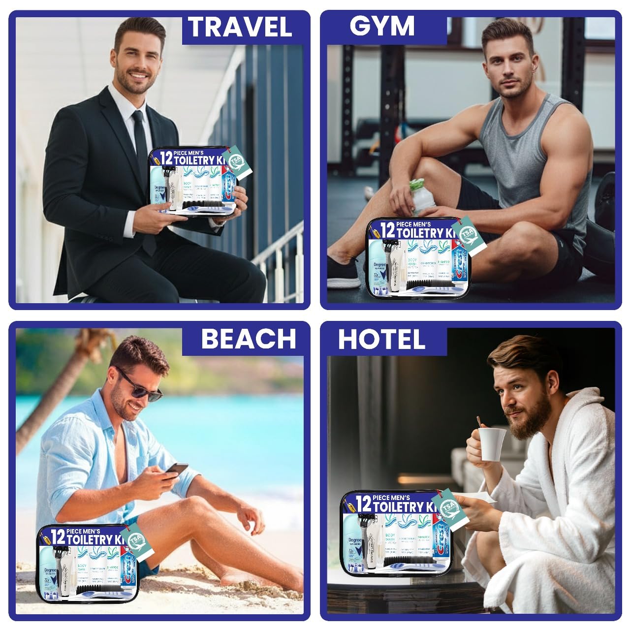 TrekTote Travel Toiletry Kit for Men – 12-Piece TSA-Compliant Set with Shampoo, Conditioner, Body Wash & Travel Bag Essentials