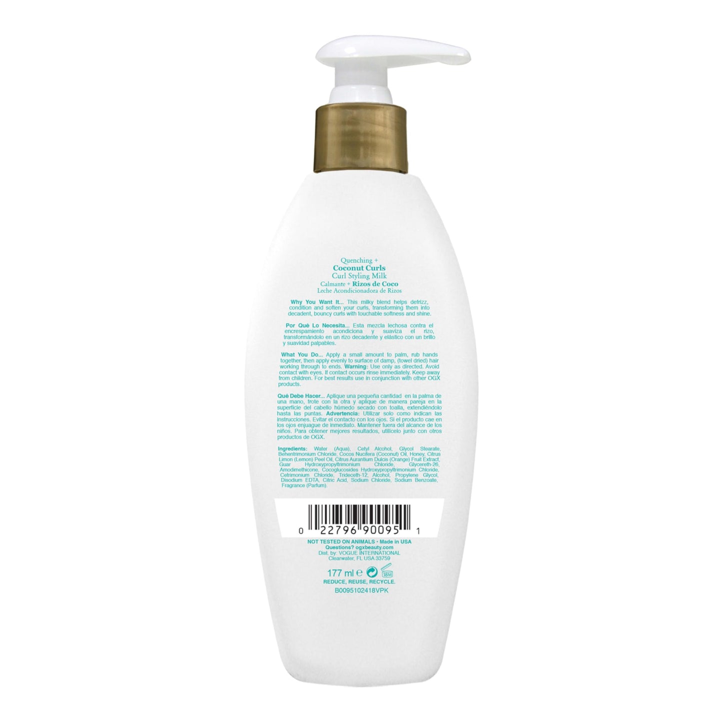 OGX Quenching + Coconut Curls Styling Milk, Frizz-Defying Leave-In Treatment with Coconut Oil, Citrus & Honey, Paraben & Sulfate-Free, 6 fl oz