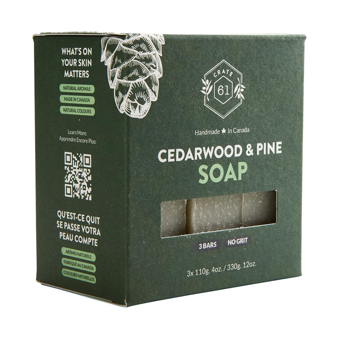 Crate 61 Organics Handmade Canadian Plant-Based Bar Soap 3-Pack, Cedarwood Pine, Natural Cold Process, Face & Body, Men & Women