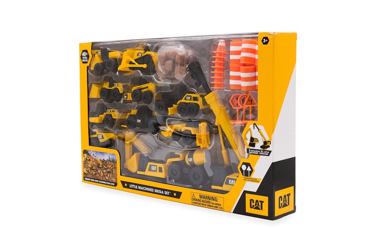 CAT Construction Toys Little Machines Mega Set – 40+ Pieces with XL Crane, Excavator, 10 Mini Vehicles & Accessories, STEM Toy Ages 3+