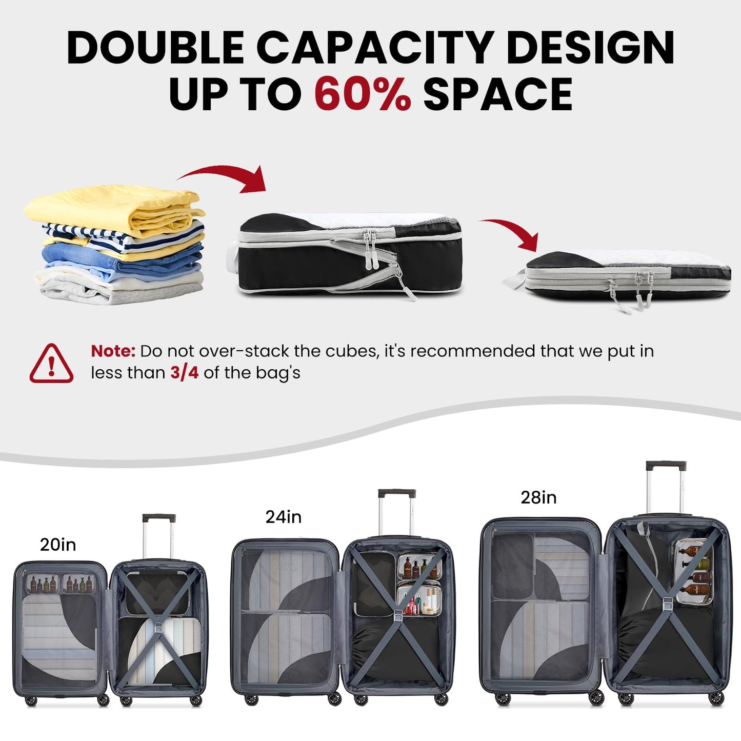 10 Set Compression Packing Cubes – Lightweight, Stretchable Travel Storage Bags for Luggage & Accessories, 10 Pcs, Black