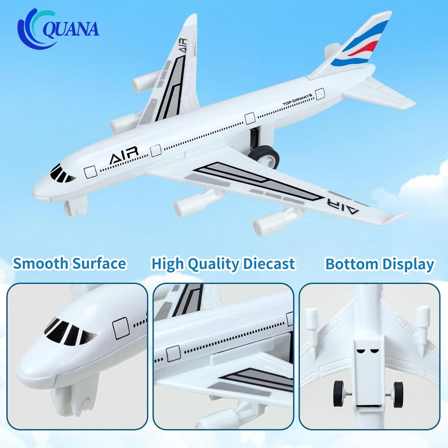 QUANA Airplane Toys, Metal Plane Pull Back Toys for Kids 3-6 Years, Die Cast Aircraft Models, Play Vehicles