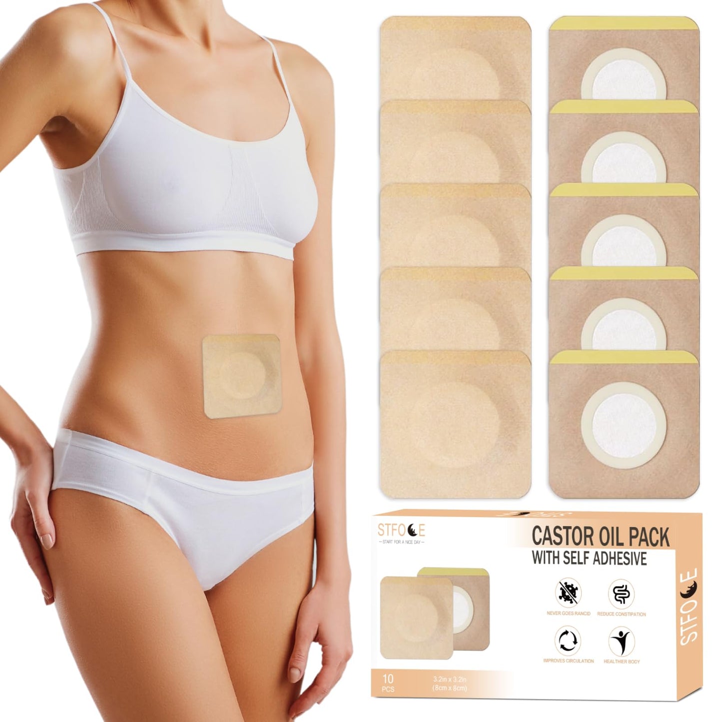 STFOCE 10pcs Disposable Castor Oil Pack Wraps – Organic Cotton, Self-Adhesive, Highly Absorbent, No Leak, Portable, Khaki