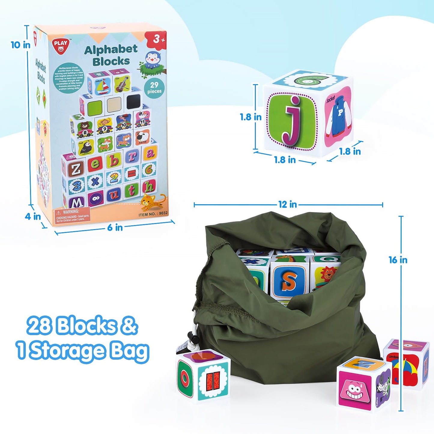 PLAY ABC Toddler Building Blocks, 28-Piece Alphabet & Number Stacking Set, Montessori Educational Sensory Toys for Ages 1-3