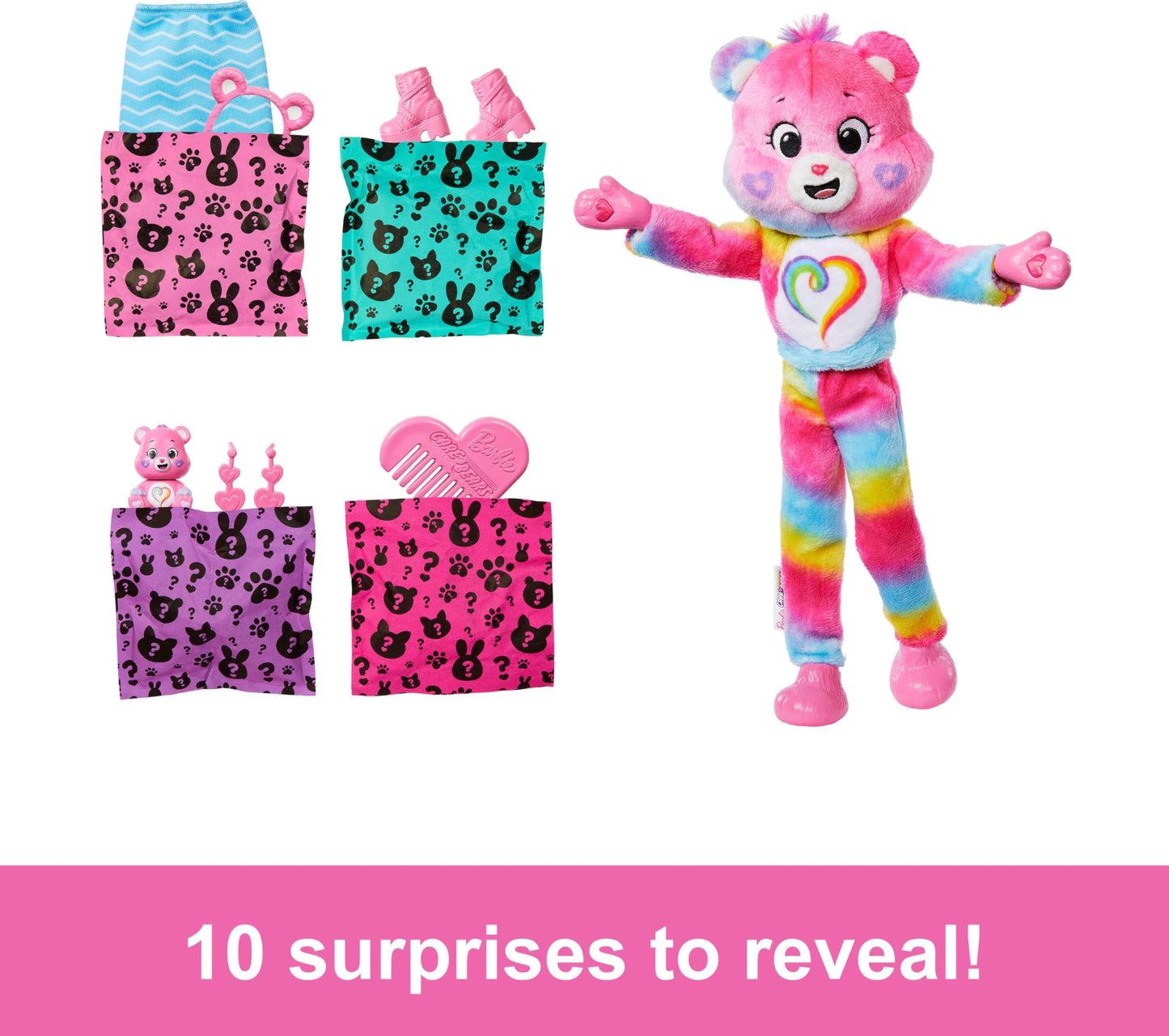 Barbie Cutie Reveal Care Bears Doll & Accessories, Series 2 Togetherness Bear with 10 Surprises Including Color Change & Mini Bear