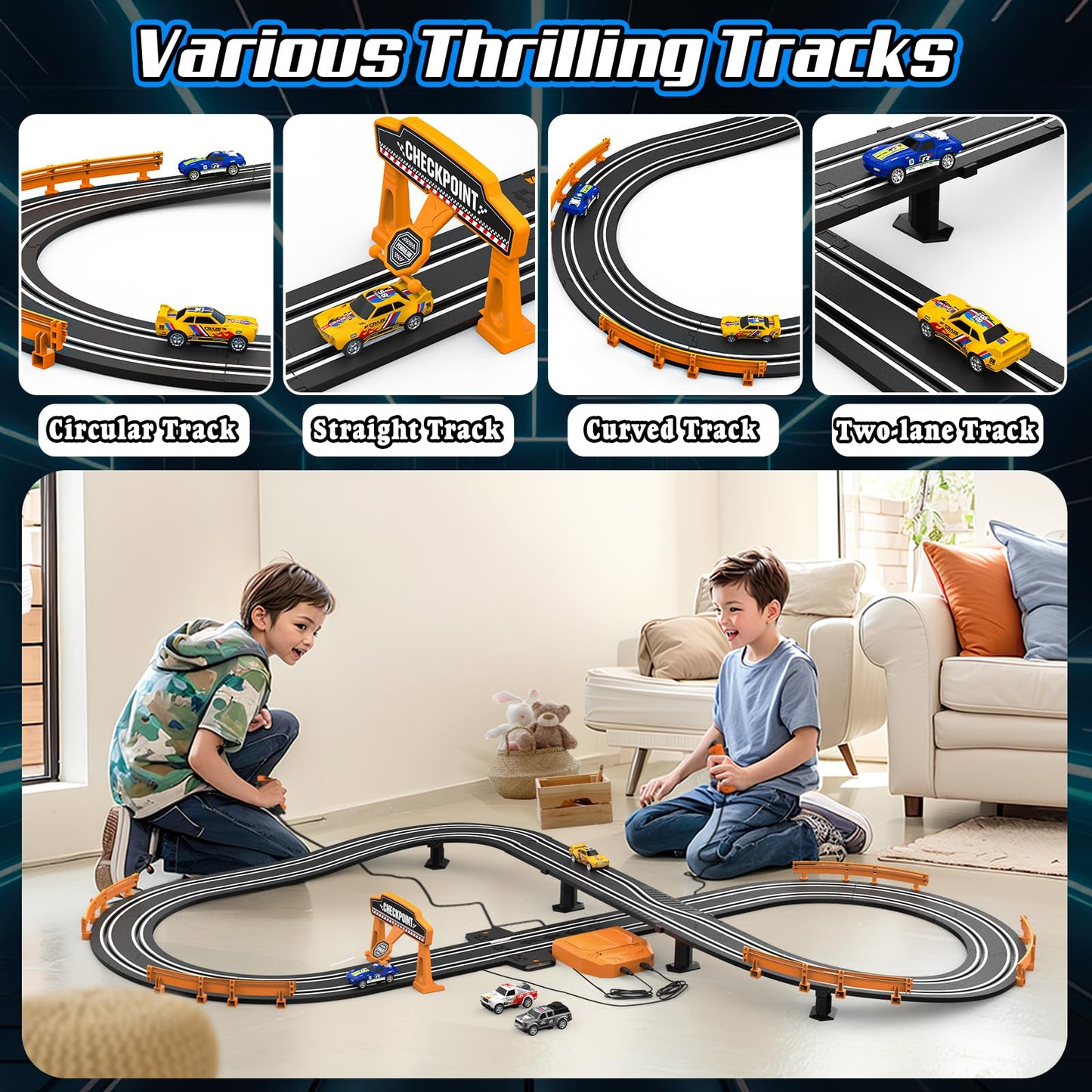 High-Speed Slot Car Race Track Set for Kids – 2 Cars, Dual Racing, Battery/Electric, Lap Counter, Toys for Boys & Girls Ages 4-12