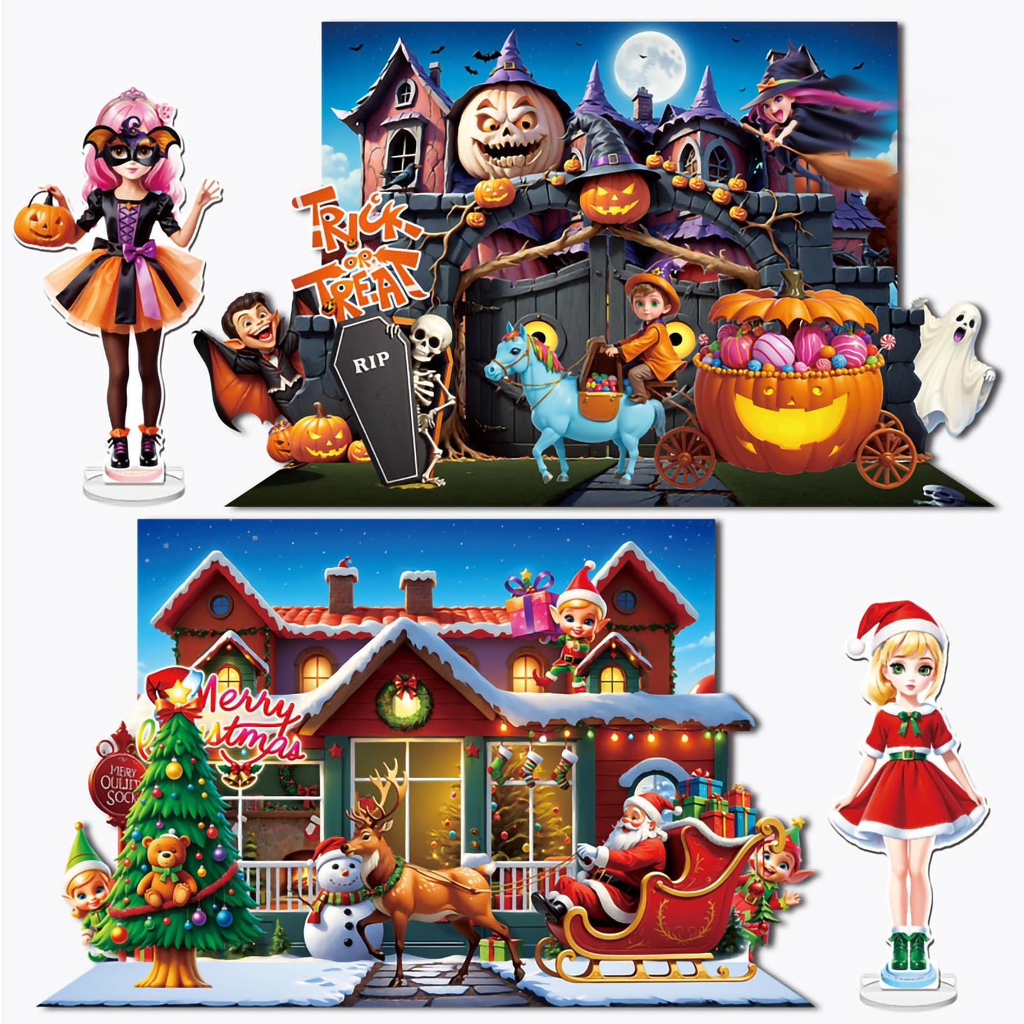 Halloween Magnetic Dress-Up Dolls for Kids β Witch & Pumpkin Fairy Costumes with 3D Haunted House Scene, Travel Toy Gift Ages 3-7