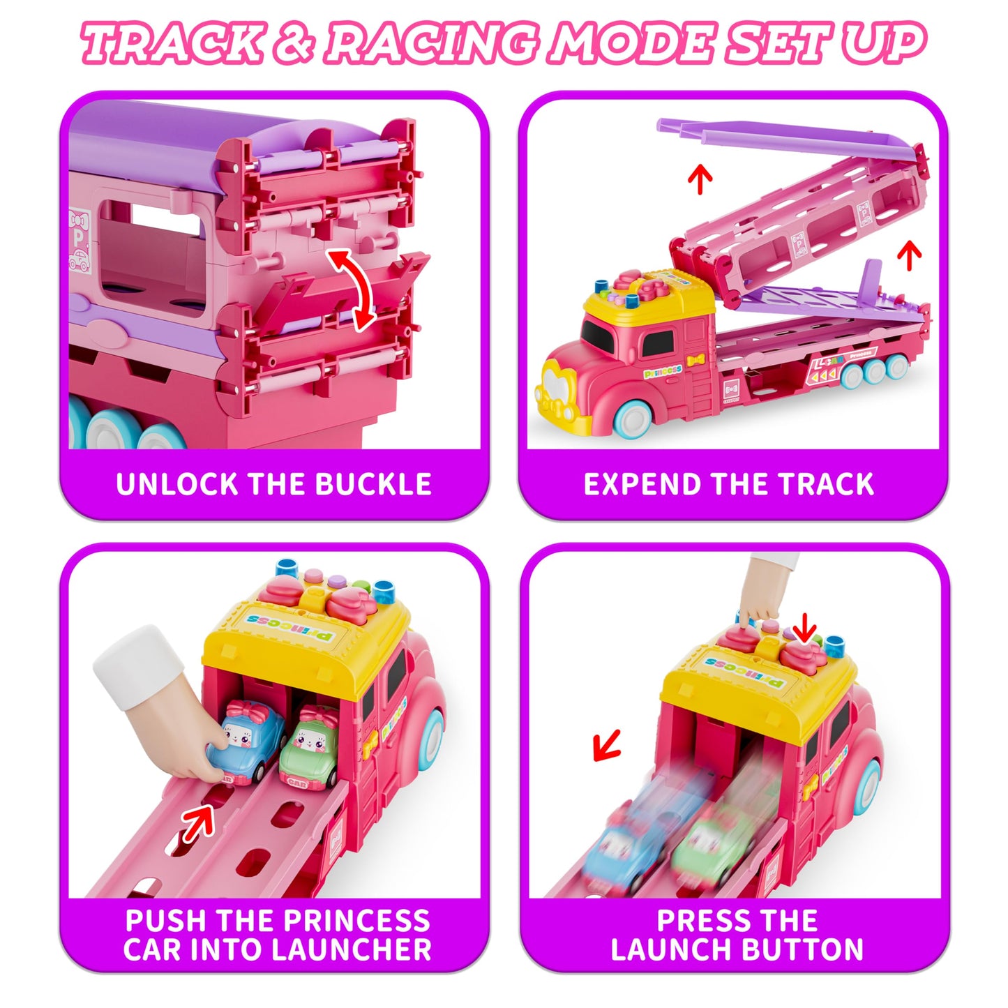 Funwee Foldable Car Track Toy for Girls Age 2-7, 2-Player Race Mode, Light & Sound Cars with Transport Truck, Birthday Gift Idea