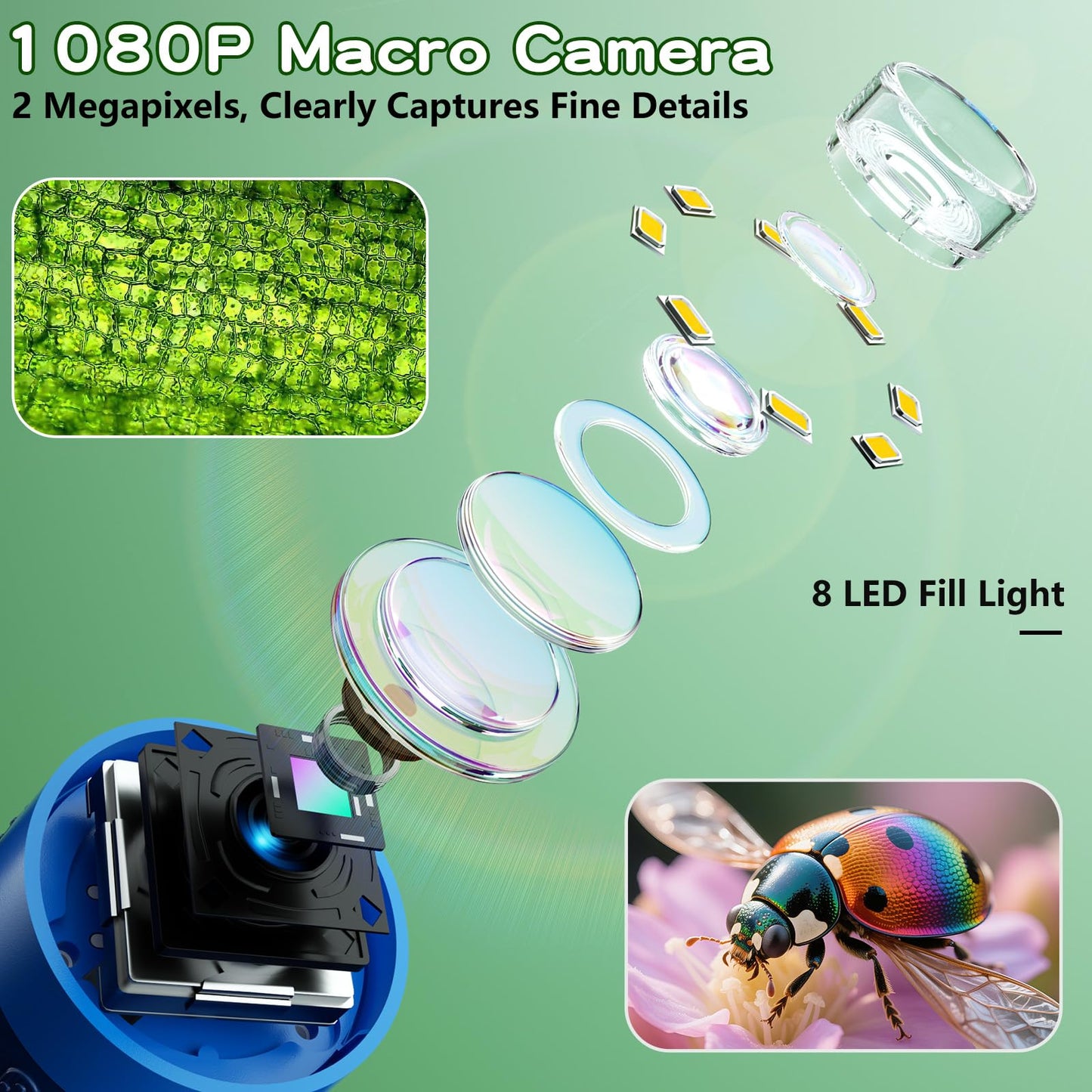 Odatay Kids Microscope 100X-1000X, 1080P Digital Handheld with 12 Slides, Mini Portable Science Toy Gift for Ages 3-12, Blue