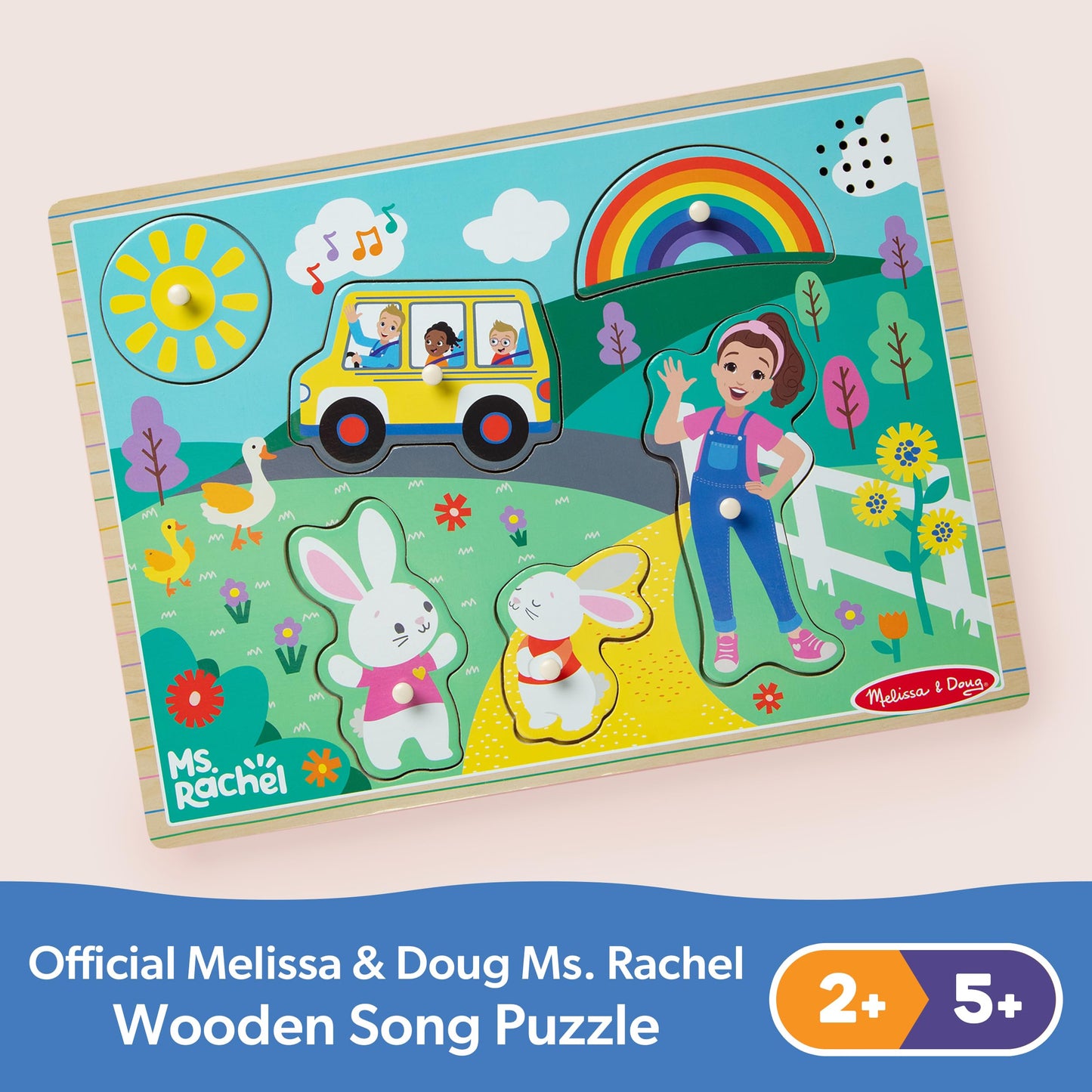 Melissa & Doug Ms. Rachel Wooden Song Peg Puzzle – 6-Piece Light-Activated Sound Puzzle, Toddler Toy for Ages 2-5+, FSC Certified