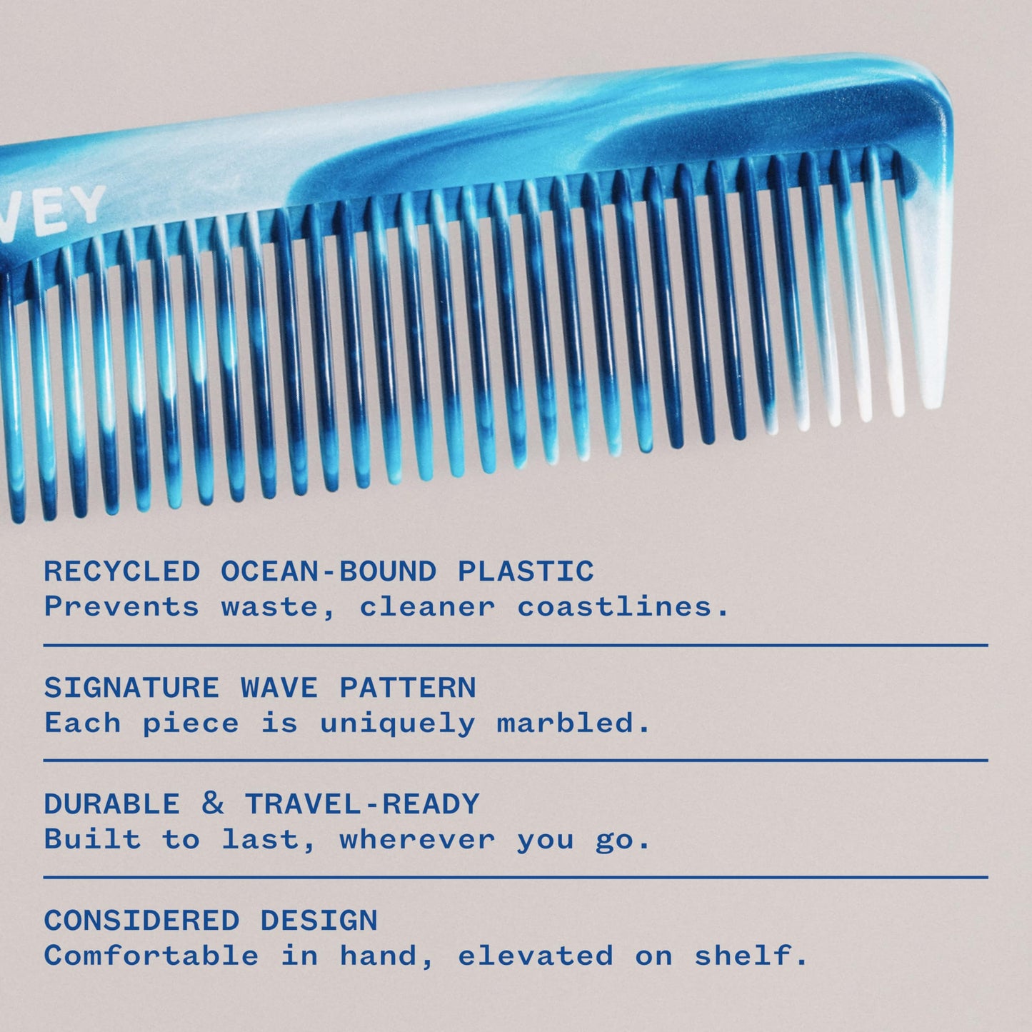 WAVEY 7" Hair Comb for Men & Women - Wide & Fine Tooth Comb for Thick, Thin, Curly, Straight Hair - Recycled Ocean Plastic, Travel-Friendly, Blue