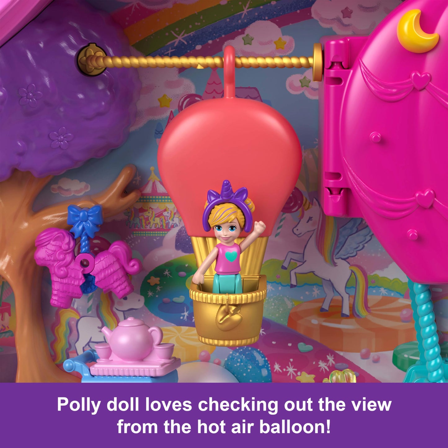 Polly Pocket Dolls & Playset with Pets & 25+ Surprise Accessories, Birthday Celebration Unicorn Partyland Playset, Hot Air Balloon Ride