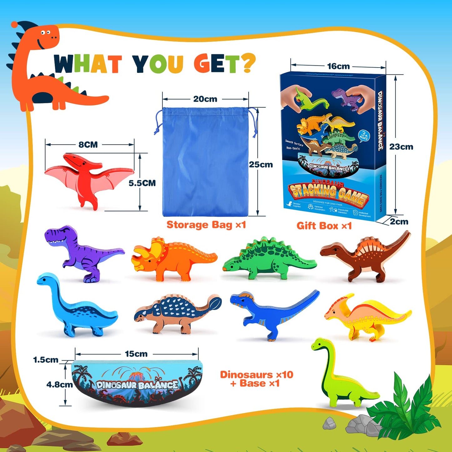 IPOURUP Dinosaur Wooden Stacking Toys for Kids 3-8 – Montessori Balance Game, Educational Fun, Birthday & Christmas Gifts