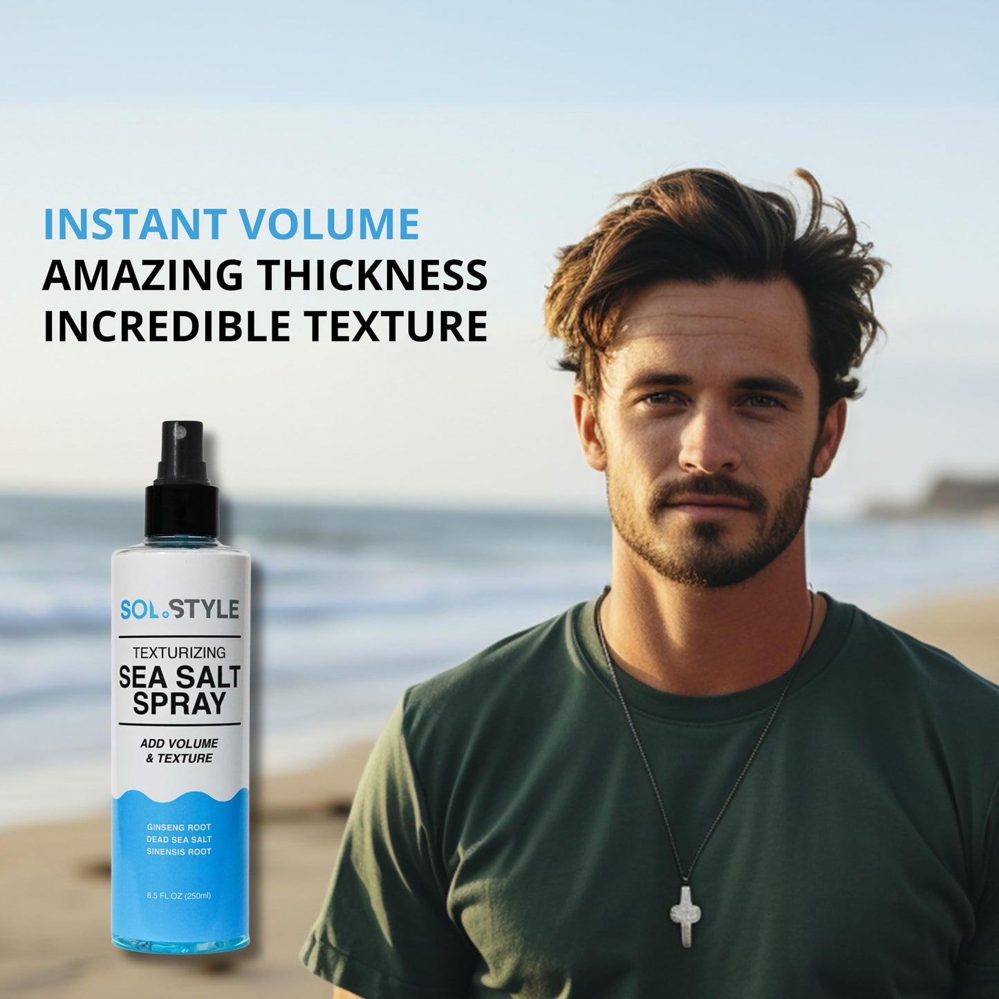 Sol Style Sea Salt Spray – Volumizing & Texturizing Hair Mist with Dead Sea Salt & Ginseng Root for Strong, Healthy Beach Waves, 8.5 oz