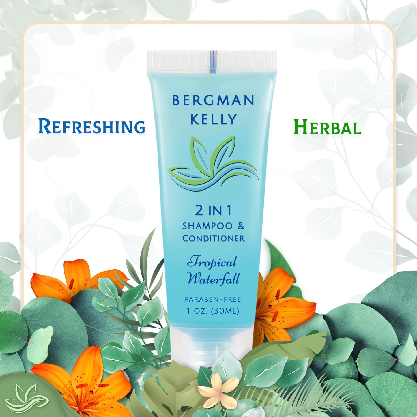 Bergman Kelly Travel Size 2-in-1 Shampoo & Conditioner, Tropical Waterfall Scent, 1 fl oz (100 Pack) – Refreshing Hotel Toiletries Bulk Set