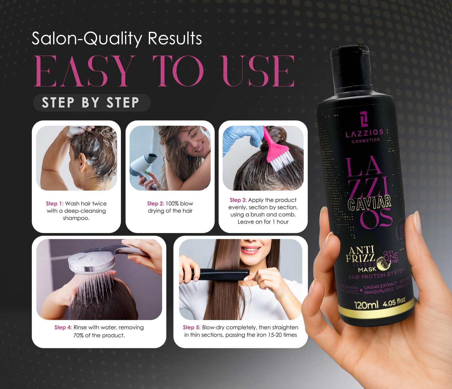 Lazzios Caviar Organic Hair Protein – Formaldehyde-Free Brazilian Keratin Treatment – Anti-Frizz Straightening with Caviar Extract & Hyaluronic Acid (120ml)