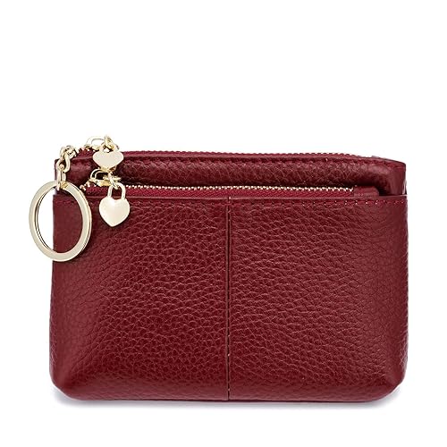 ZOOEASS Coin Purse Women Genuine Leather Zip Mini Purse With Key Ring Triple Zipper Card Holder Wallet(Wine Red)