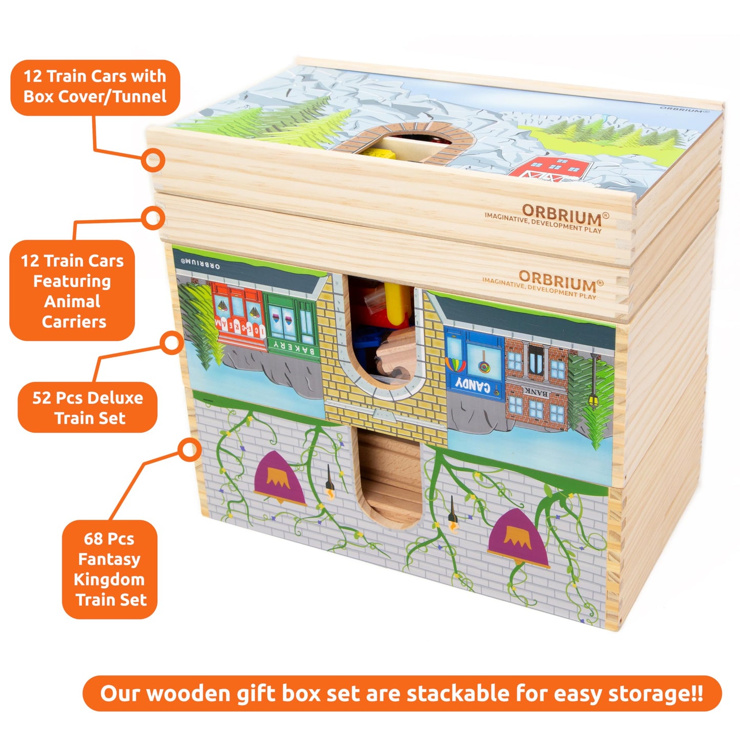 ORBRIUM Wooden Train Cars Gift Set with Storage Box & Tunnel – Compatible with Thomas & Friends, Brio, IKEA, Imaginarium, Melissa & Doug, Ages 3-7