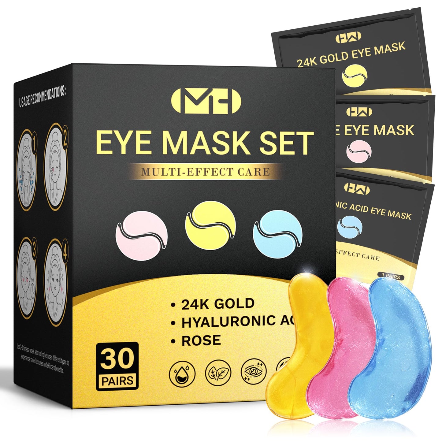 Under Eye Patches 30 Pairs – 24K Gold, Hyaluronic Acid & Rose Eye Mask for Dark Circles, Puffy Eyes, Wrinkles, Under Eye Care Gift