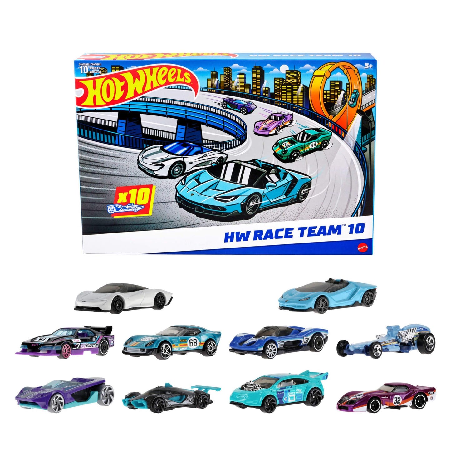 Hot Wheels 10-Pack of Toy Race Cars, Includes 1:64 Scale Corvette, Lamborghini, McLaren Originals