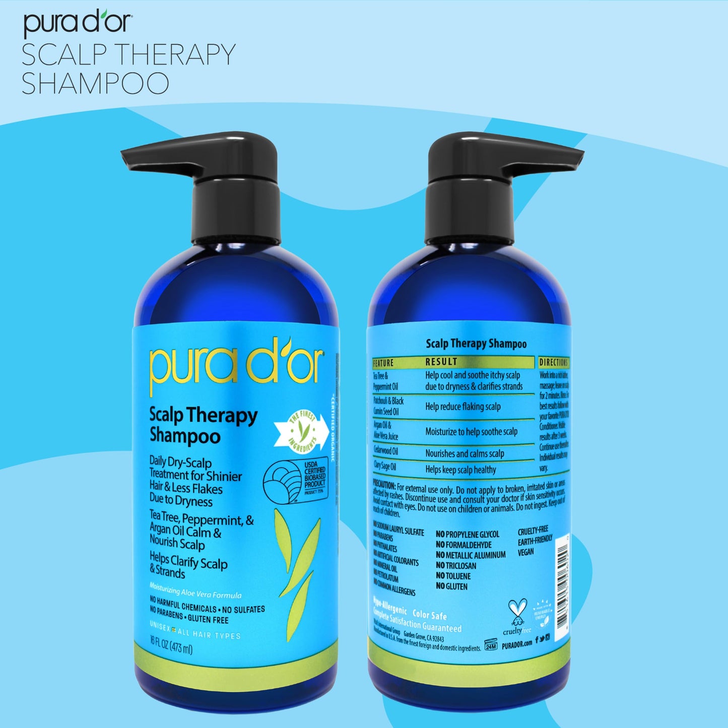 PURA D'OR Therapy Shampoo 16oz – Hydrating & Nourishing Scalp Care for Itchy, Flaky Scalp with Tea Tree, Peppermint & Argan Oil