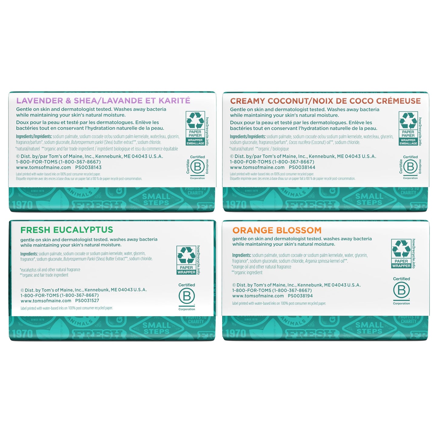 Tom’s of Maine Bar Soap Variety Pack – Natural 5 oz Bars for Women & Men, Lavender & Shea, Eucalyptus, Coconut, Orange Blossom (4-Pack)