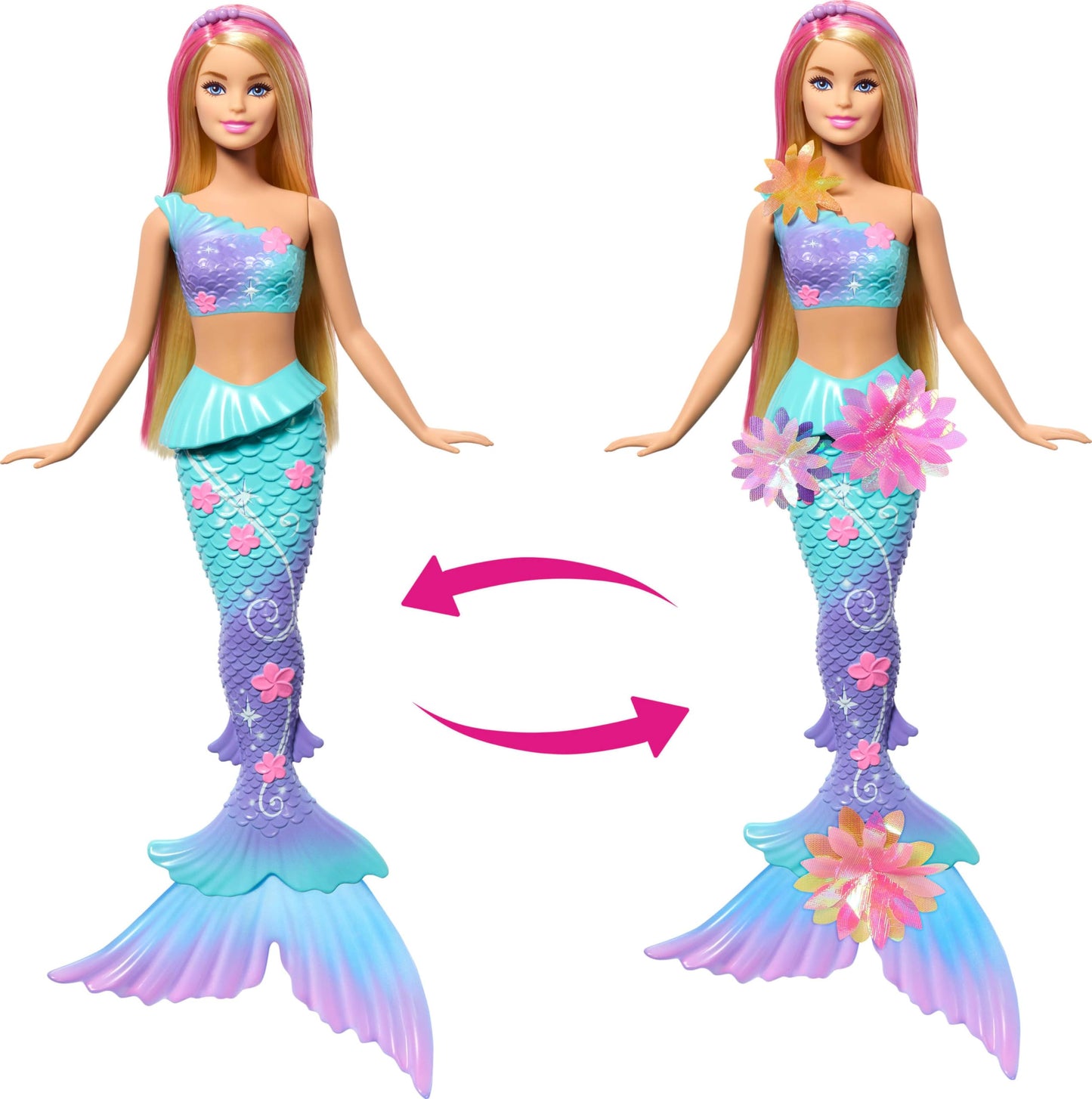 Barbie Mermaid Toy Dolls with Surprise Magic Blooming Flowers Feature, Ombre Tails, Pearl Headband Accessory & Long Blonde Hair with Pink Highlights