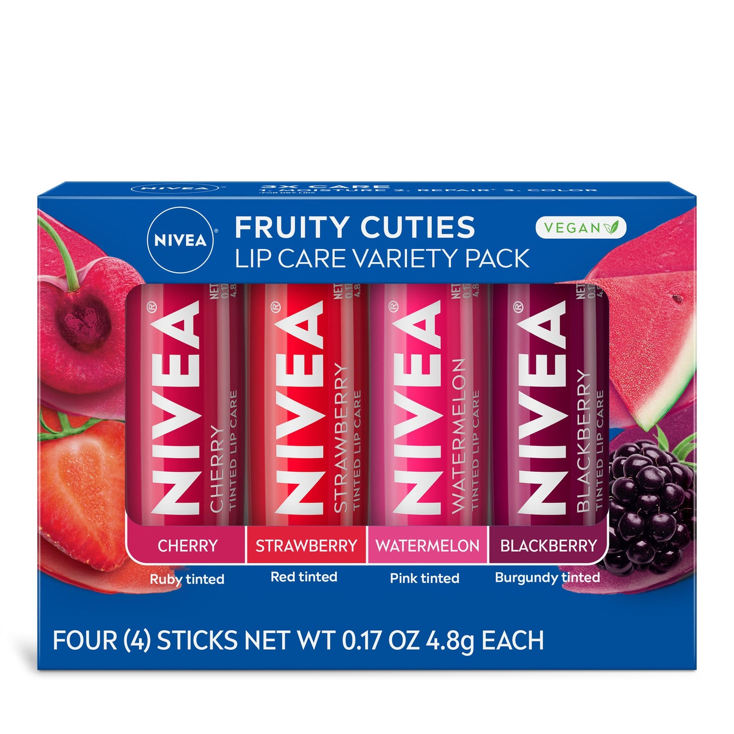 NIVEA Fruity Tinted Lip Balm 4-Pack – Cherry, Strawberry, Blackberry & Watermelon – Moisturizes, Repairs & Adds Color, 0.17oz Each