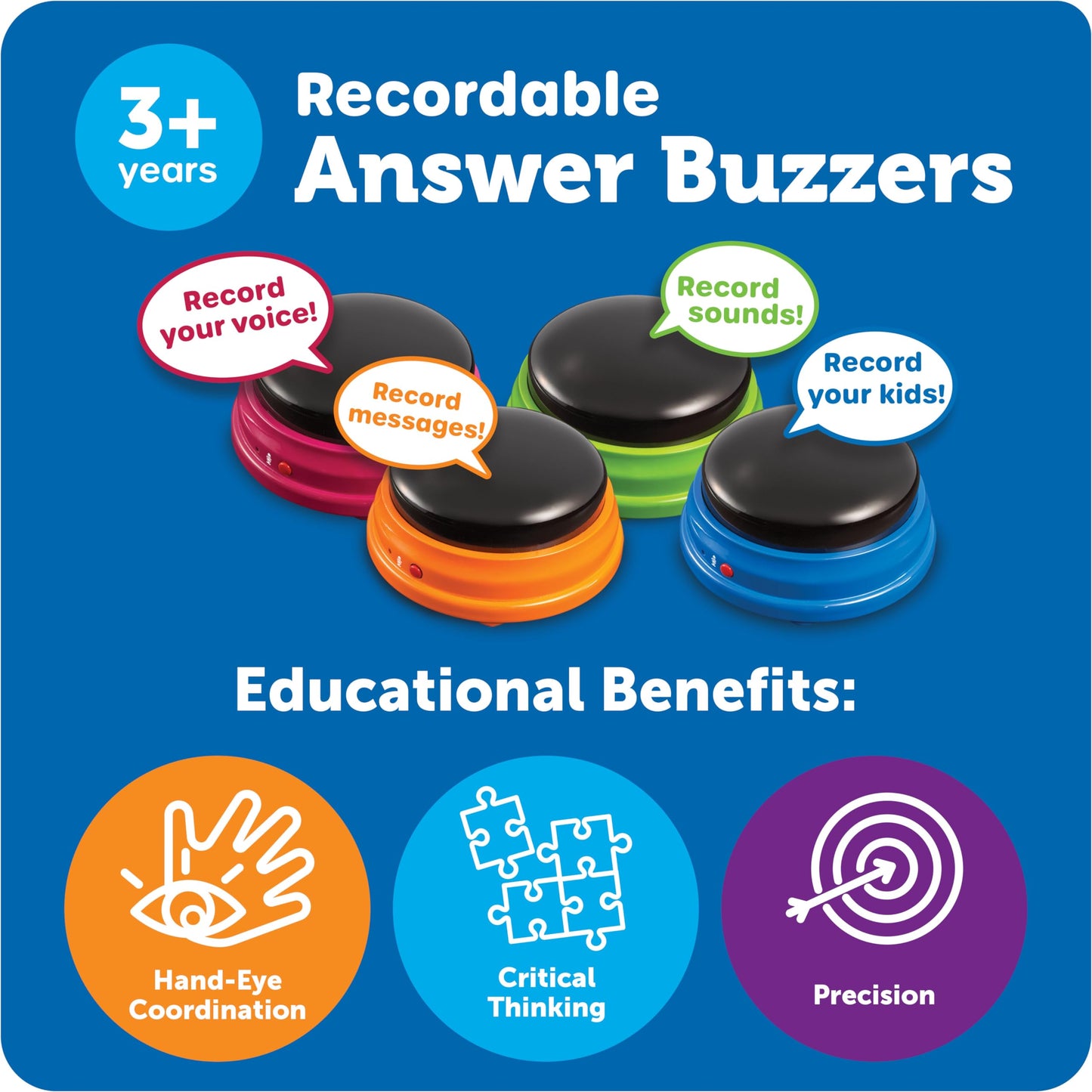 Learning Resources Recordable Answer Buzzers, Set of 4, Ages 3+ | Personalized Sound Buttons for Games, Trivia, Family Fun