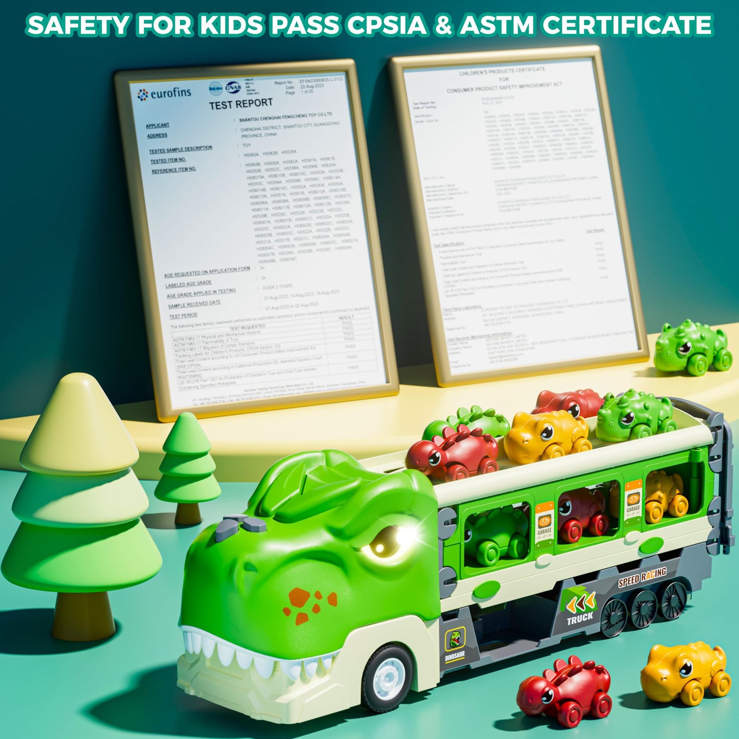 Funwee Dinosaur Truck Toy Set for Kids Ages 2-7 – Foldable Track, 2-Player Race, Lights & Sounds, 6 Dino Cars + 12 Accessories, Birthday Gift