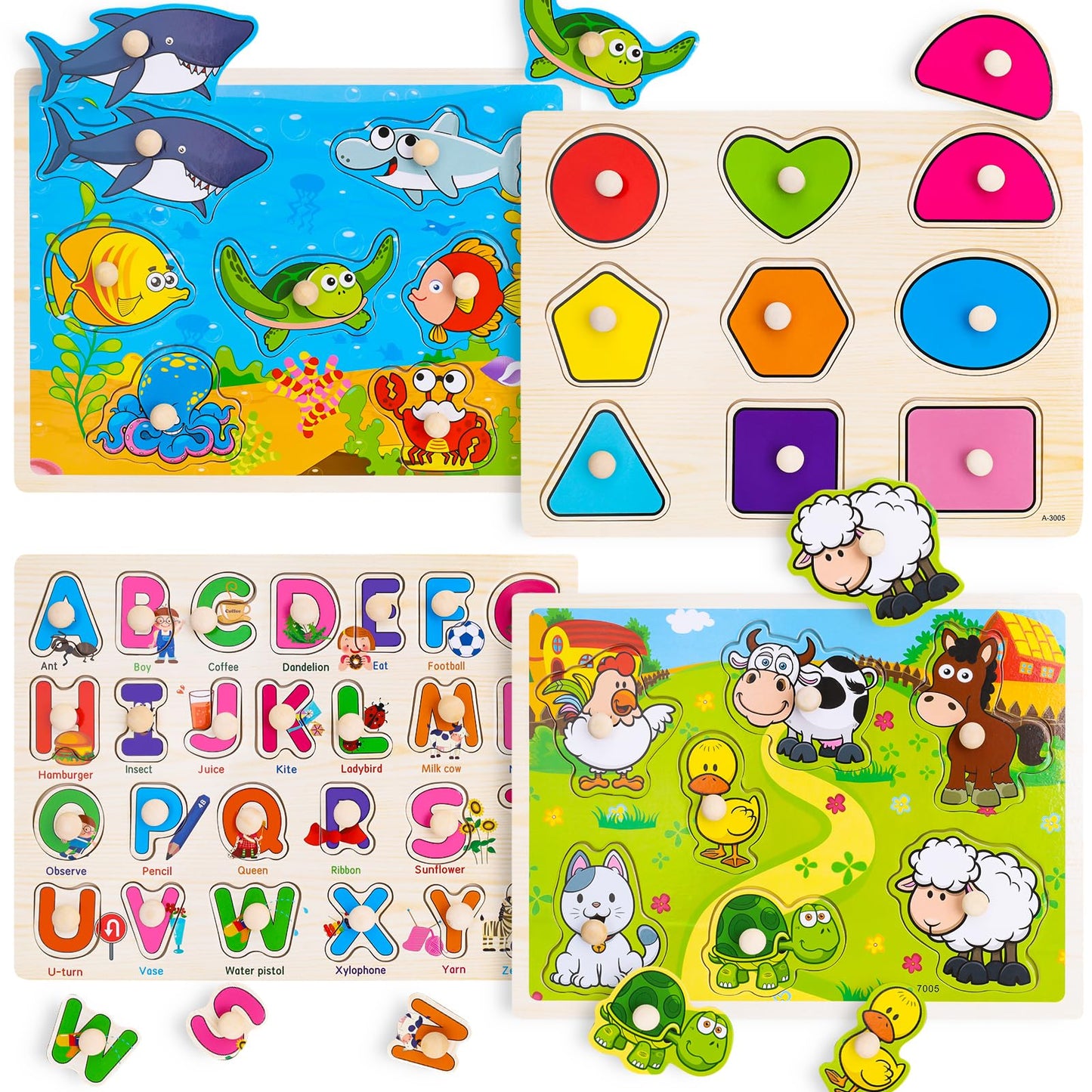 Collection of educational wooden puzzles for children with animal, alphabet, and shape designs.