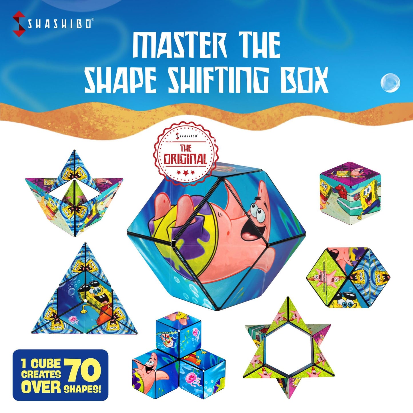SHASHIBO Spongebob Squarepants Shape Shifting Magnetic Fidget Cube – STEM Toy That Transforms into 70+ Shapes, Beach Buddies Edition